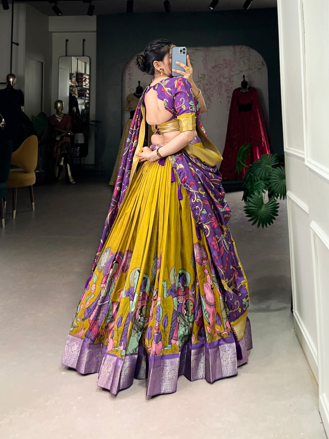 Mustard & Purple Kalamkari Lehenga Set