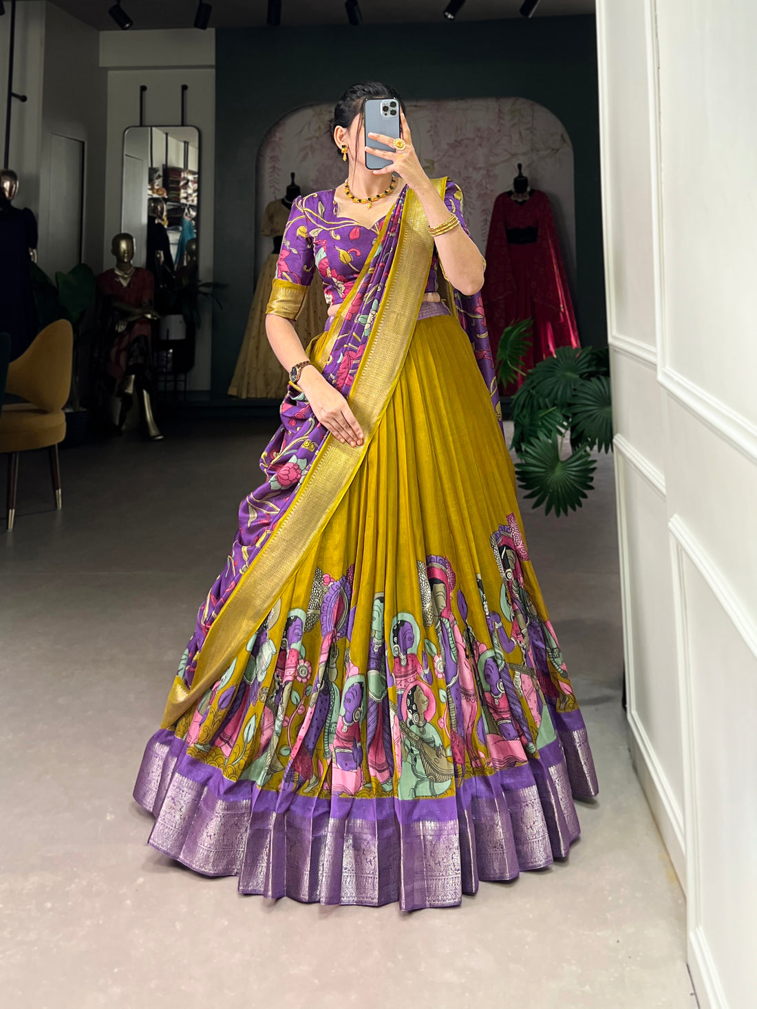 Mustard & Purple Kalamkari Lehenga Set