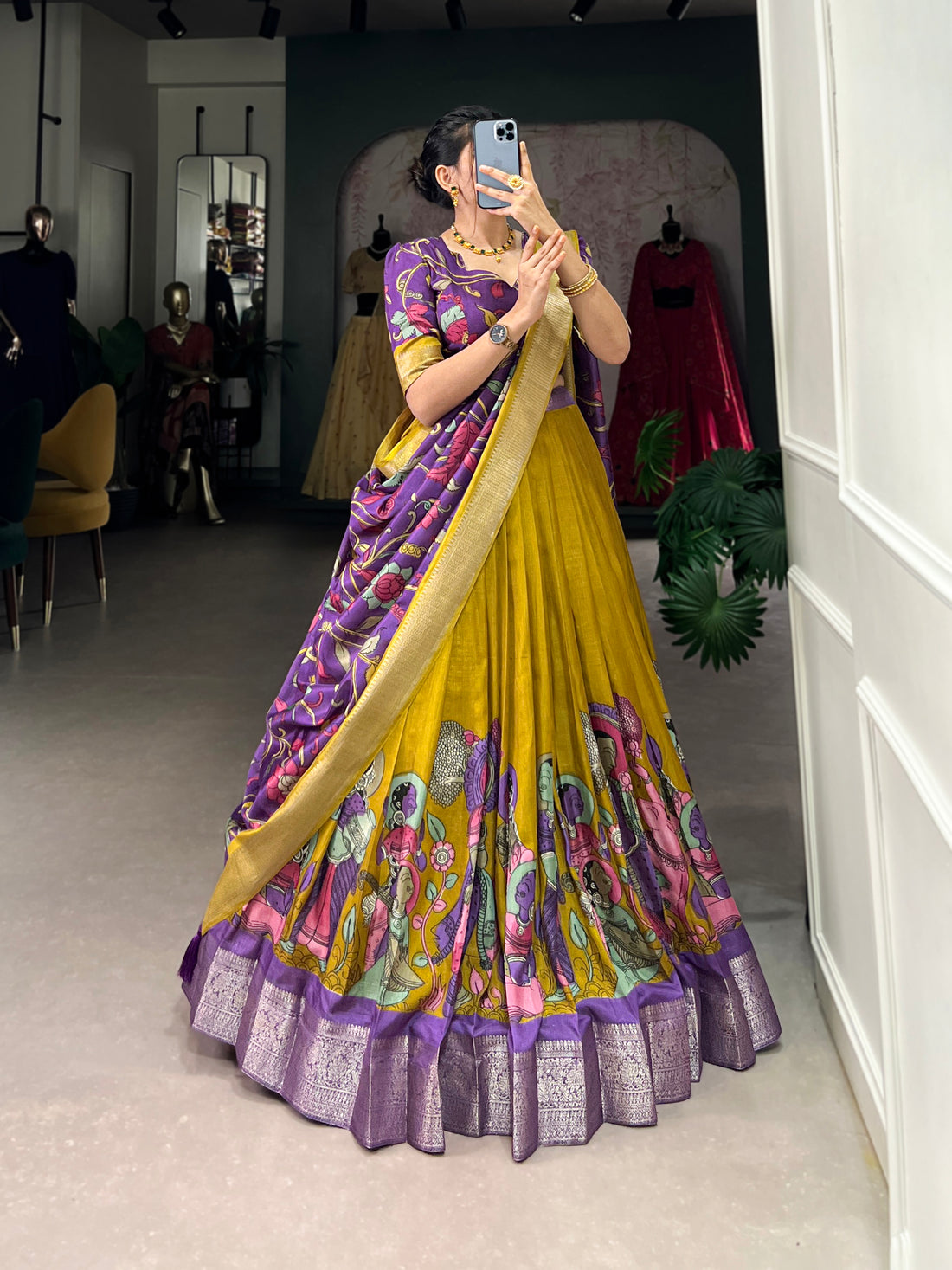 Mustard & Purple Kalamkari Lehenga Set