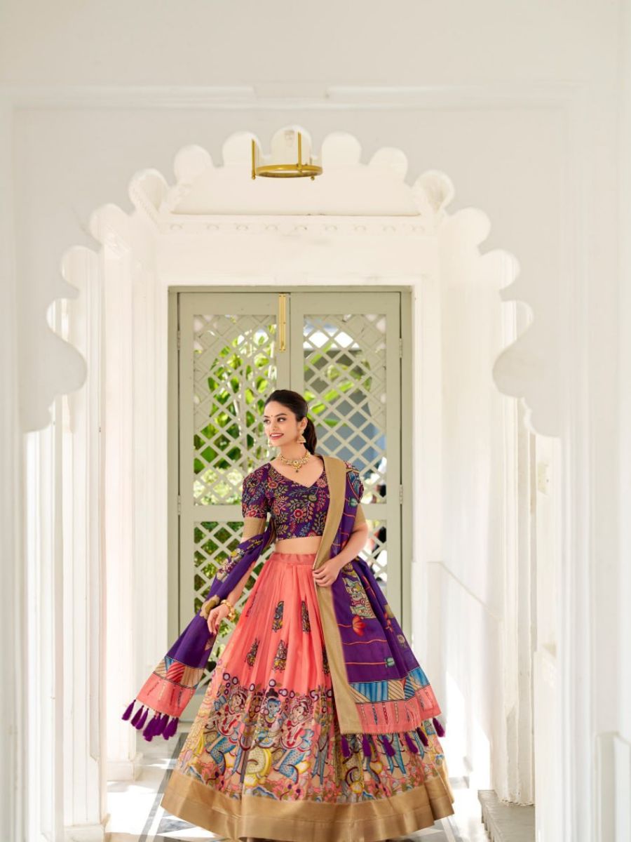 Yellow Handpainted Lehenga with Teal Blouse & Dupatta
