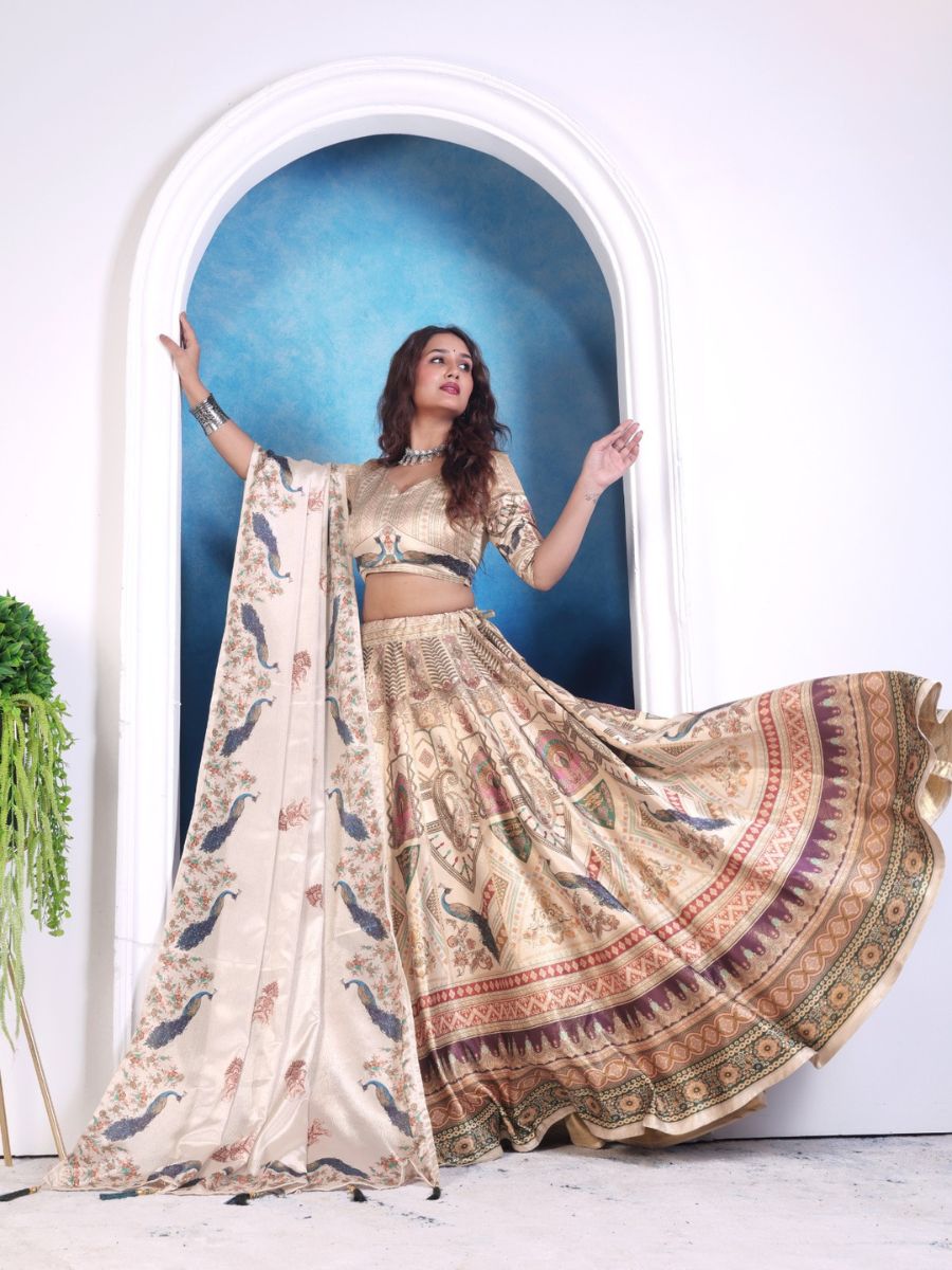 Cream Printed Lehenga with Peacock & Temple Motifs