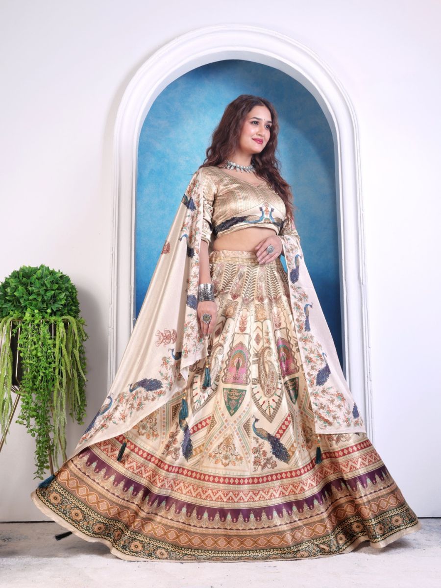 Cream Printed Lehenga with Peacock & Temple Motifs