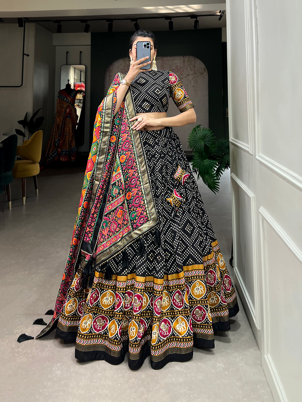 Tusser Silk Lehenga Choli with Intricate Print and Dupatta
