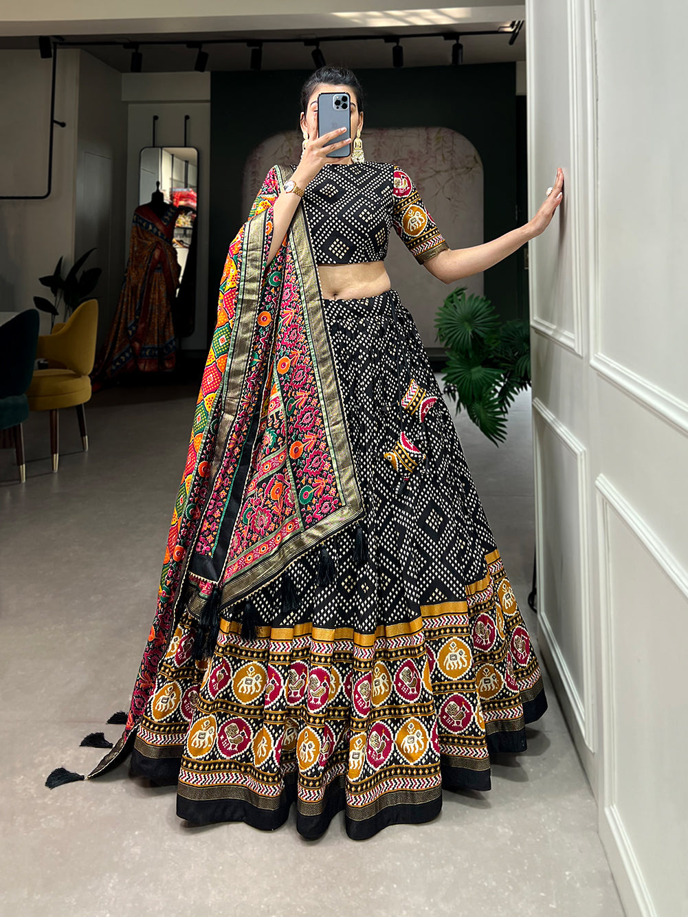 Tusser Silk Lehenga Choli with Intricate Print and Dupatta