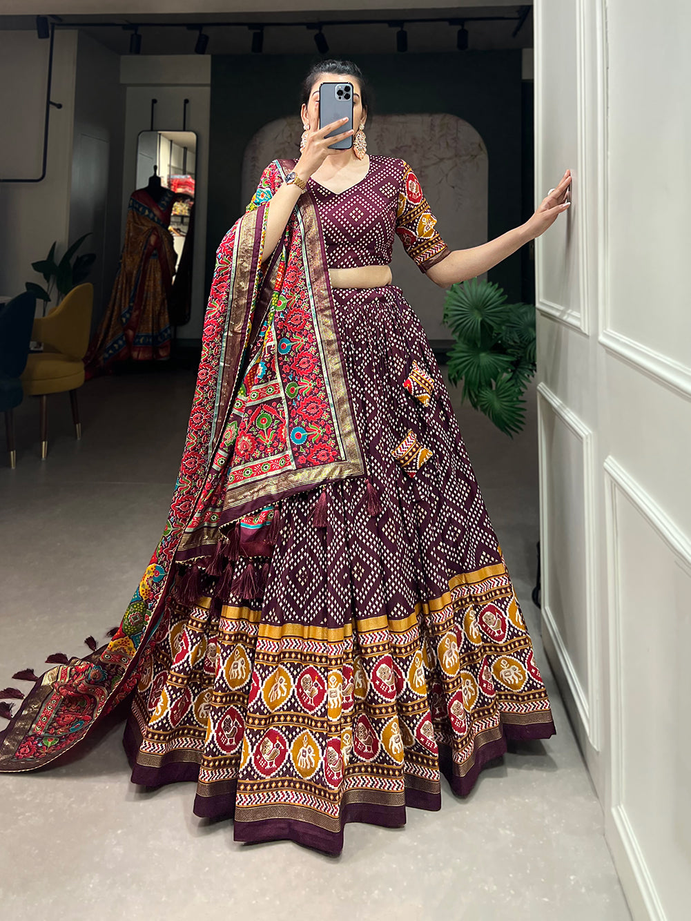 Tusser Silk Lehenga Choli with Intricate Print and Dupatta