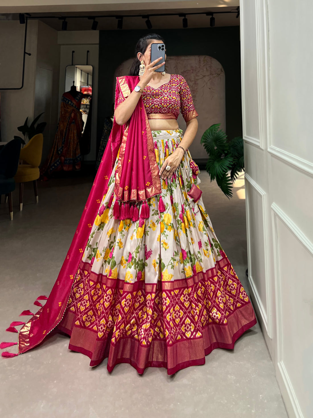 Red Ikat & Floral Fusion Lehenga Set