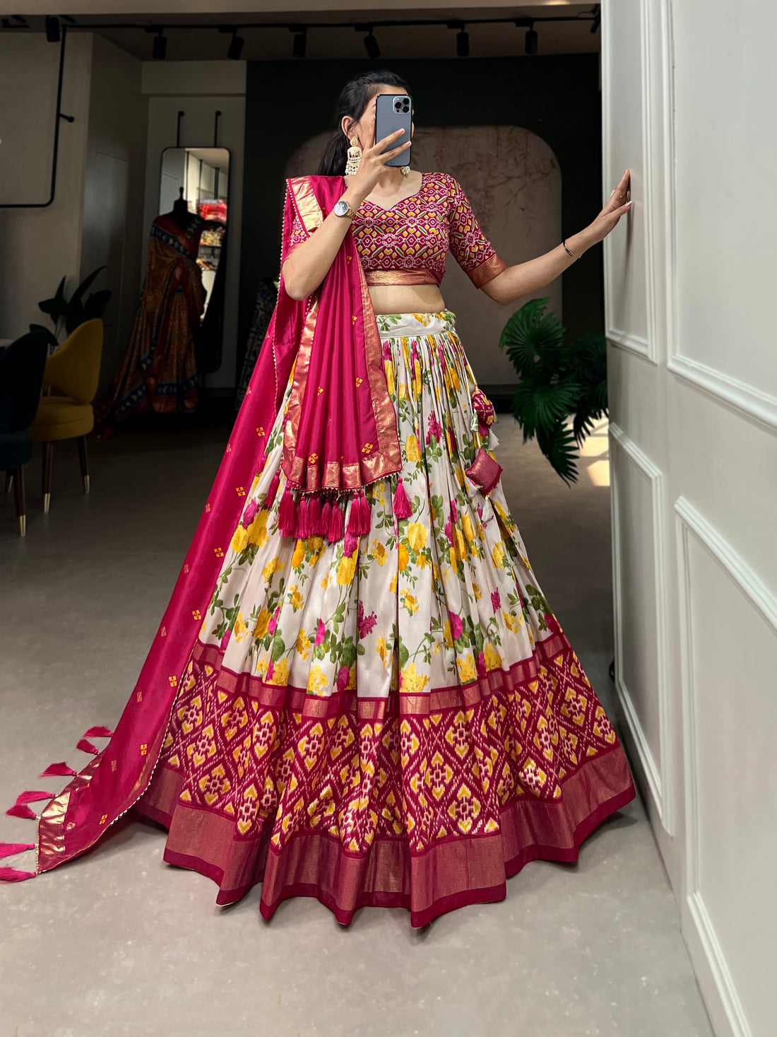 Red Ikat & Floral Fusion Lehenga Set
