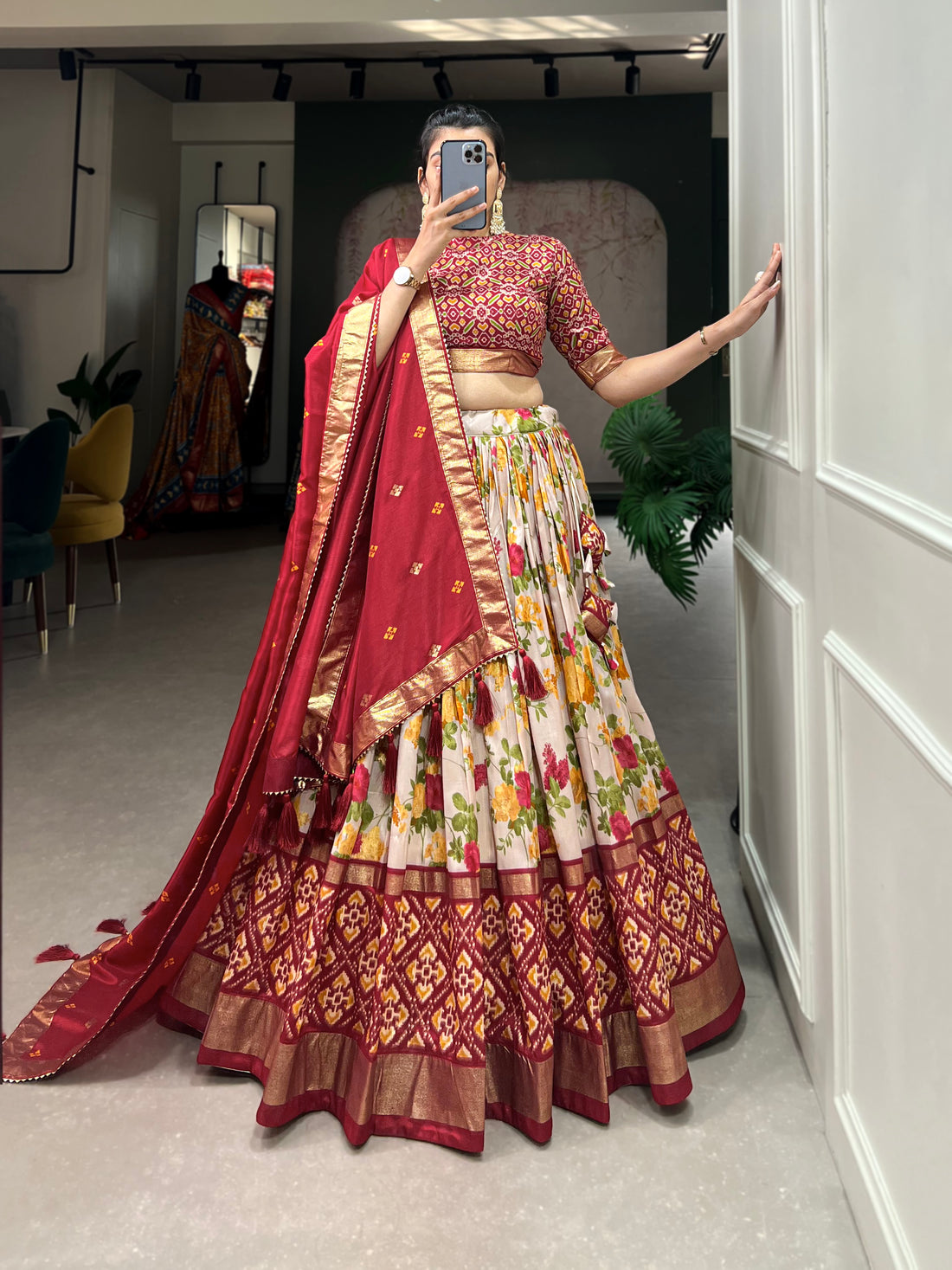 Red Ikat & Floral Fusion Lehenga Set