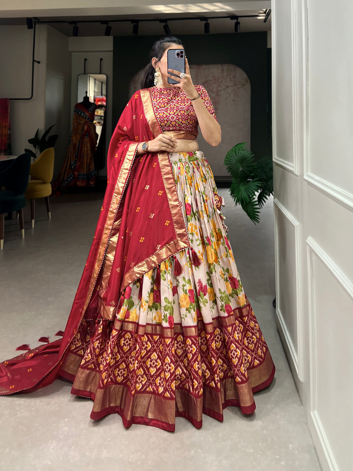 Red Ikat & Floral Fusion Lehenga Set