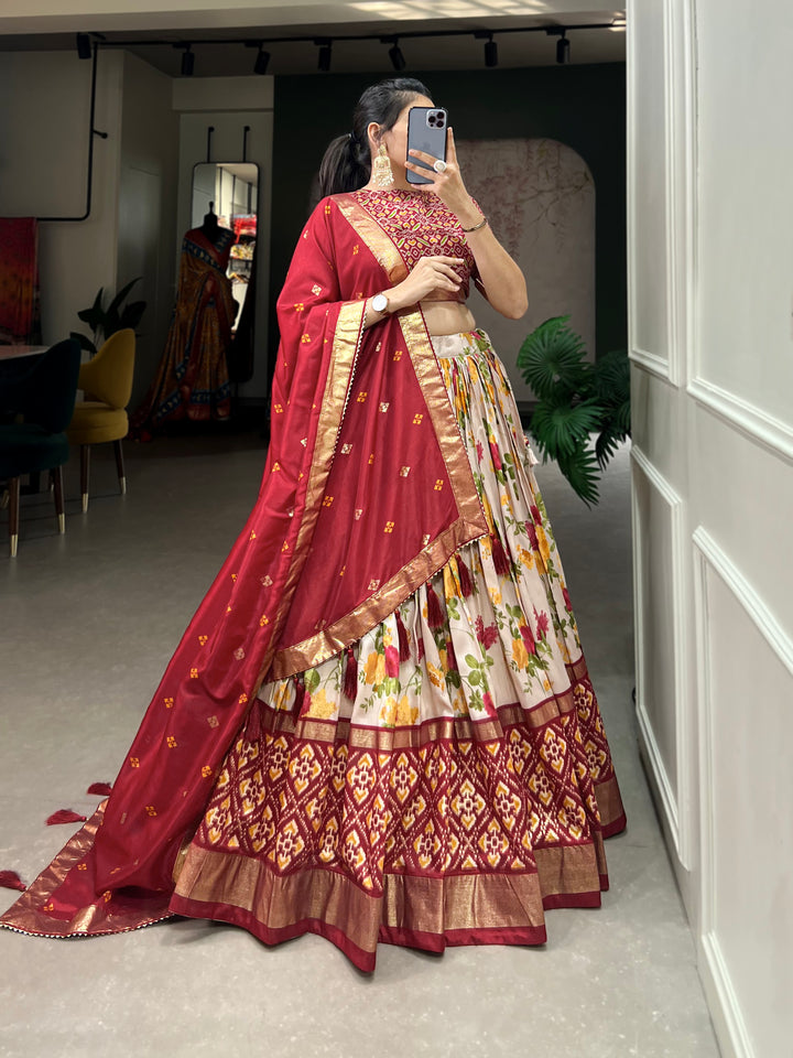 Red Ikat & Floral Fusion Lehenga Set