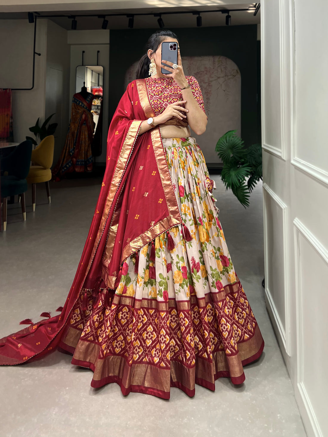 Red Ikat & Floral Fusion Lehenga Set