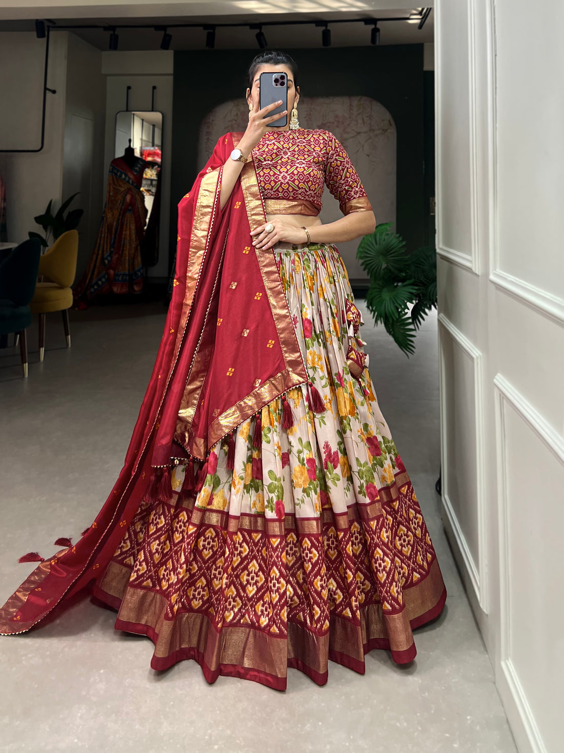 Red Ikat & Floral Fusion Lehenga Set