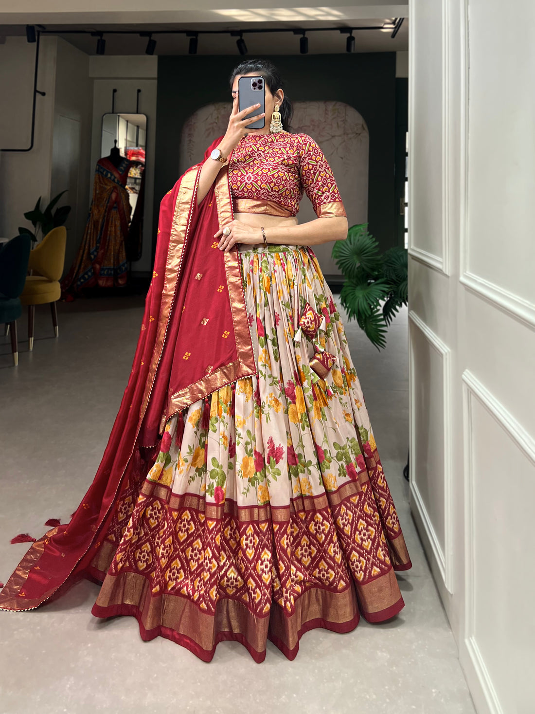Red Ikat & Floral Fusion Lehenga Set