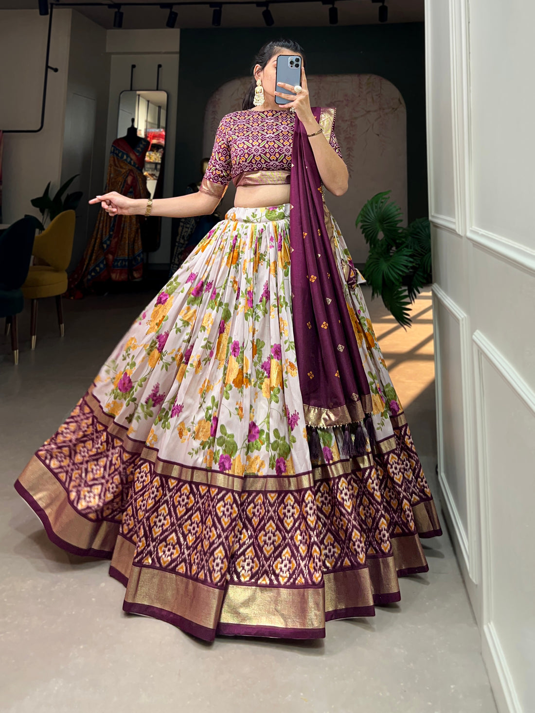 Plum Ikat & Floral Fusion Lehenga Set
