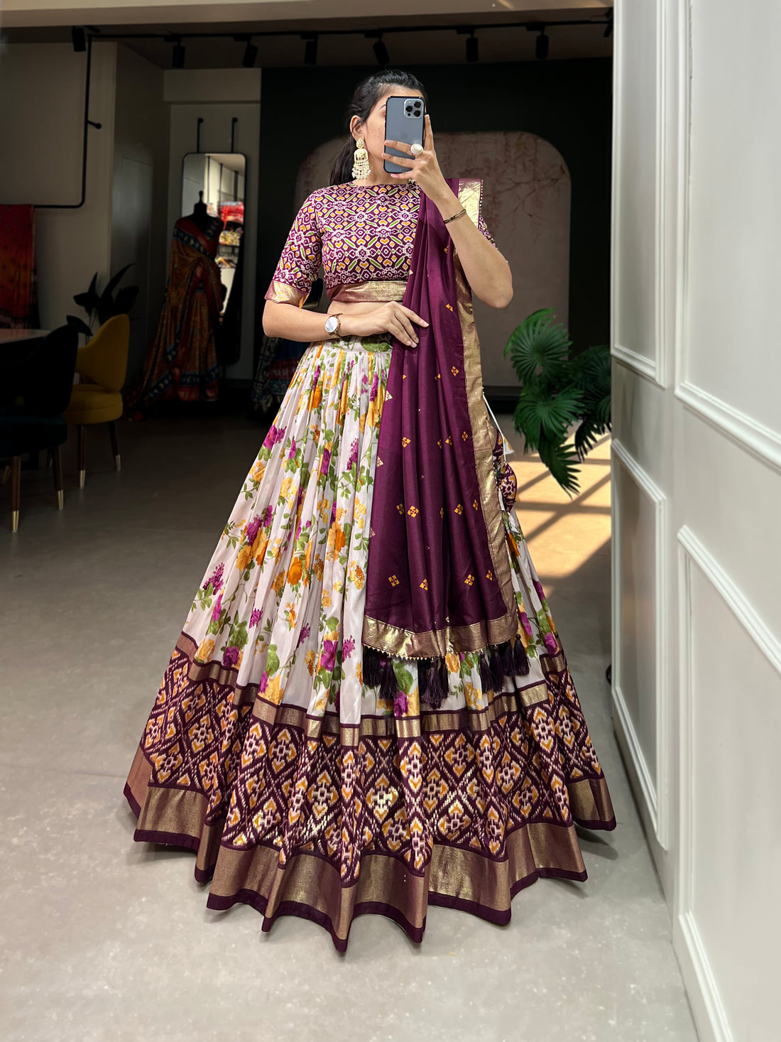 Plum Ikat & Floral Fusion Lehenga Set