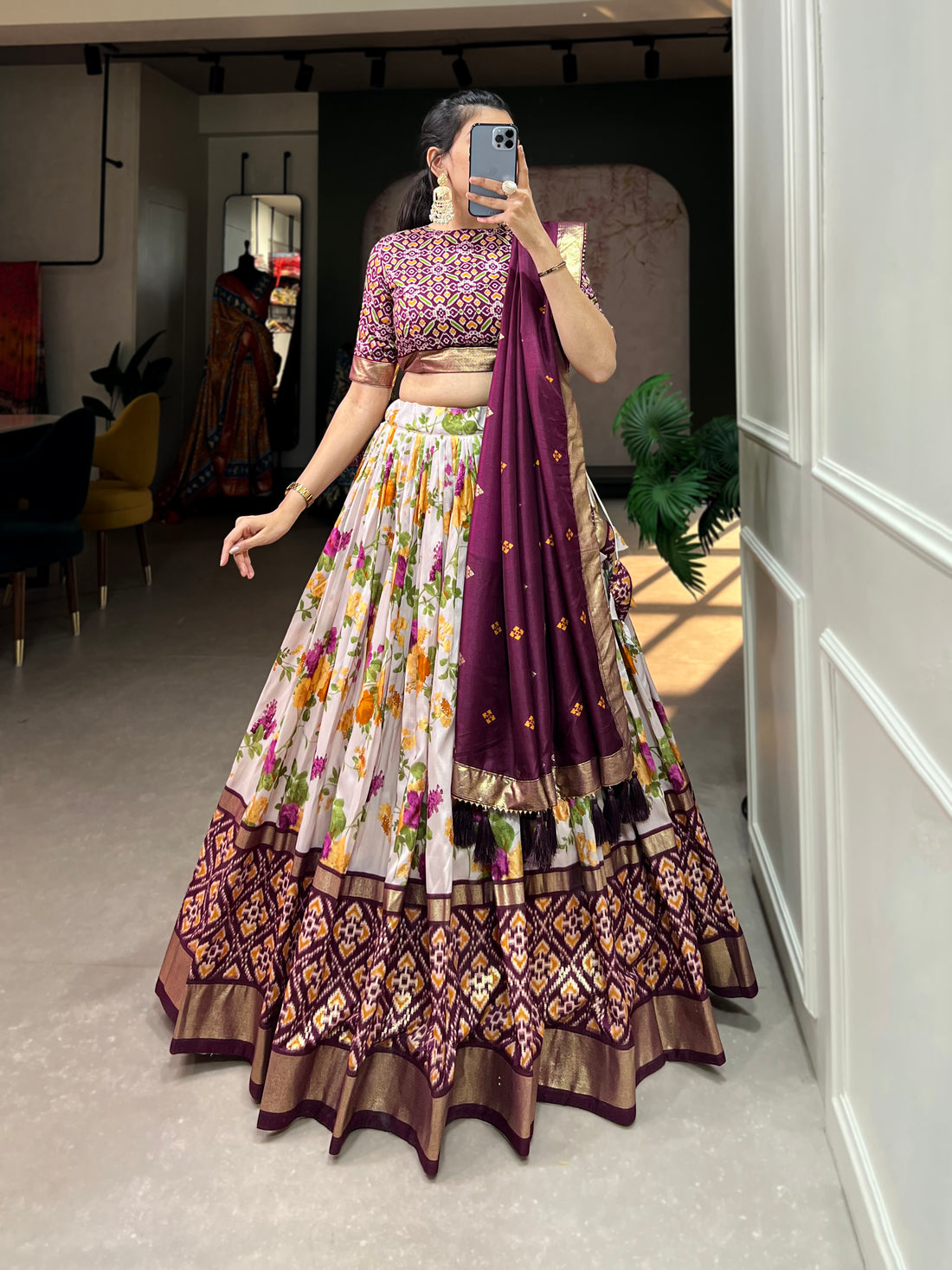 Plum Ikat & Floral Fusion Lehenga Set