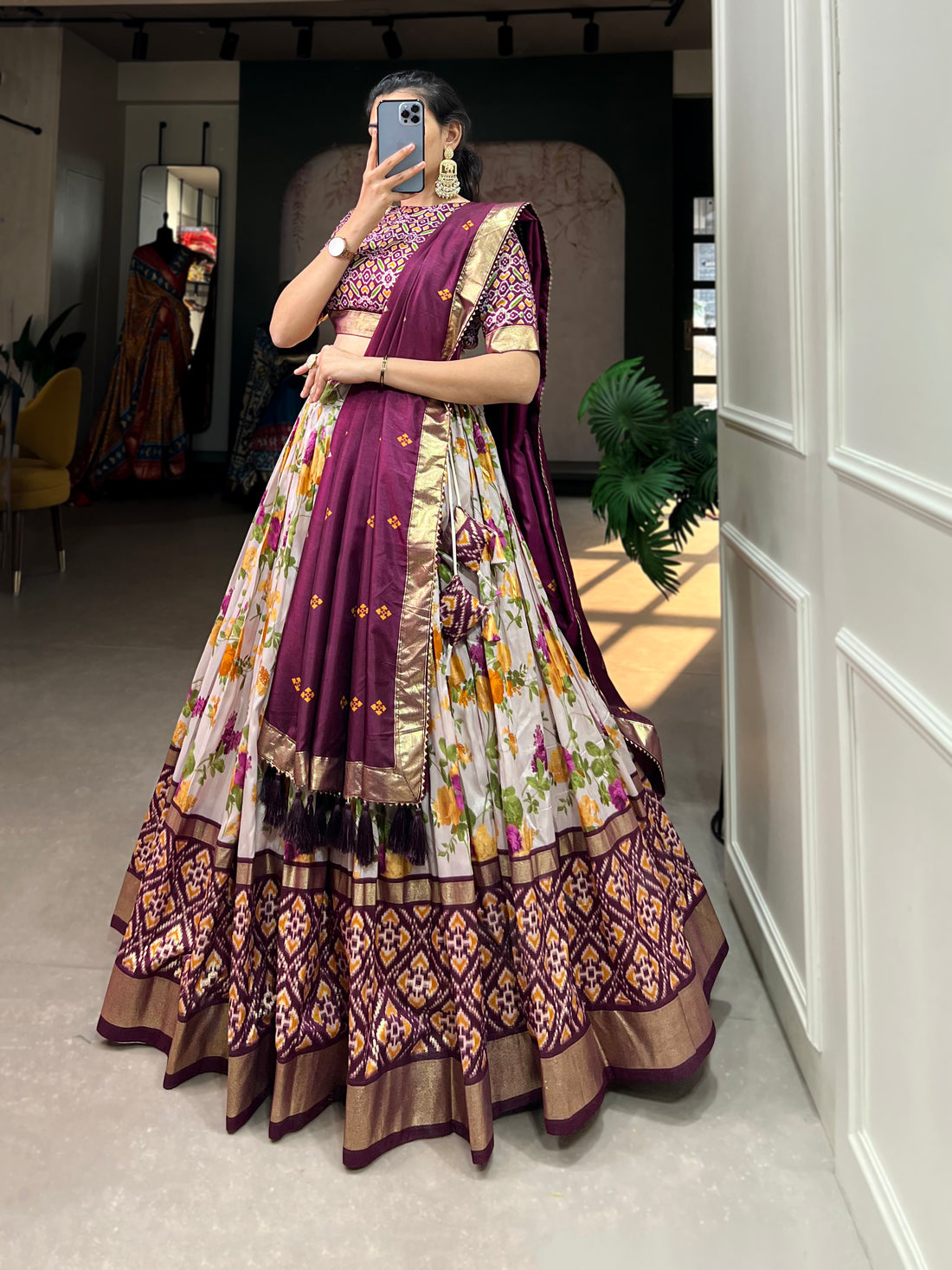 Plum Ikat & Floral Fusion Lehenga Set