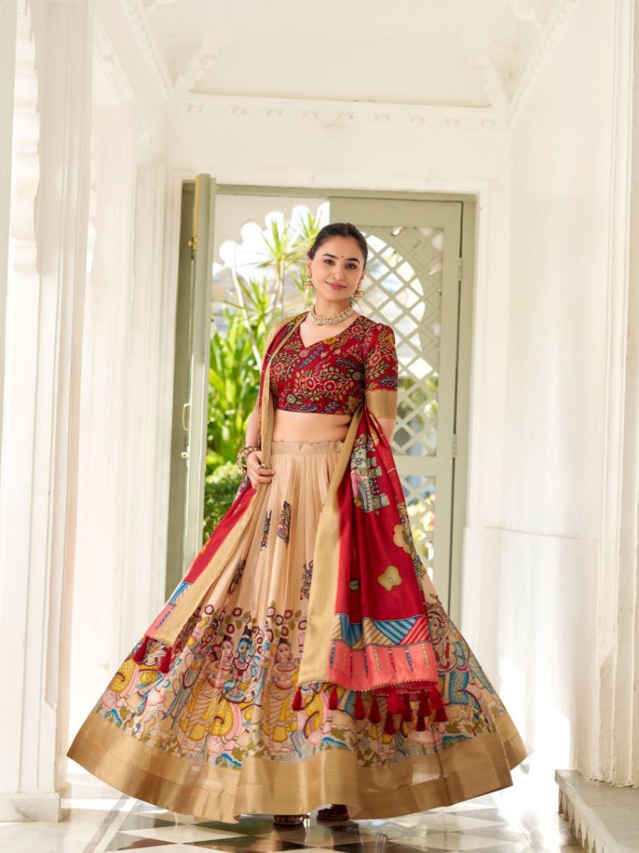 Yellow Handpainted Lehenga with Teal Blouse & Dupatta