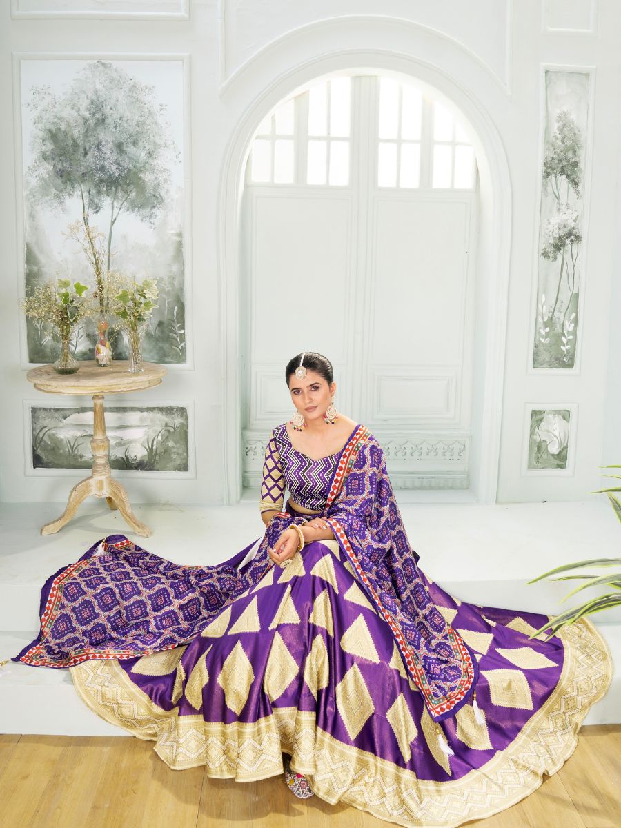 Purple Silk Lehenga Choli with Golden Geometric Work