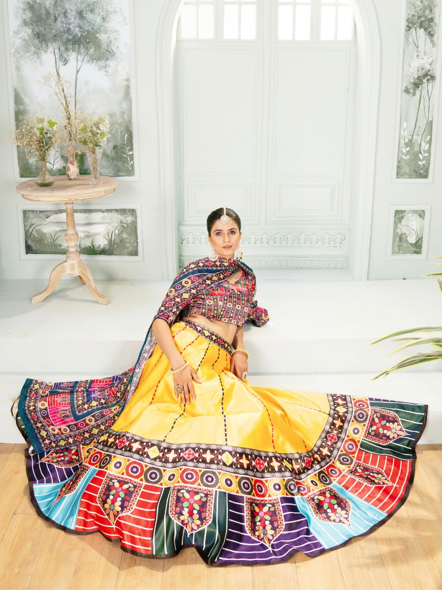 Yellow Lehenga Choli with Multicolor printed Dupatta