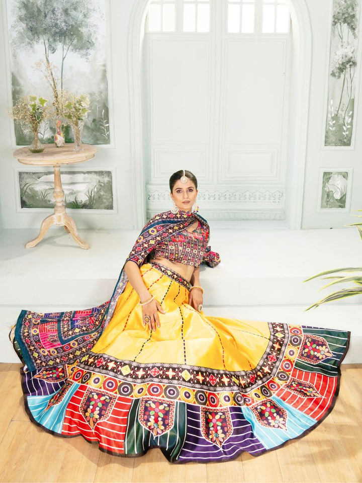 Yellow Lehenga Choli with Multicolor printed Dupatta