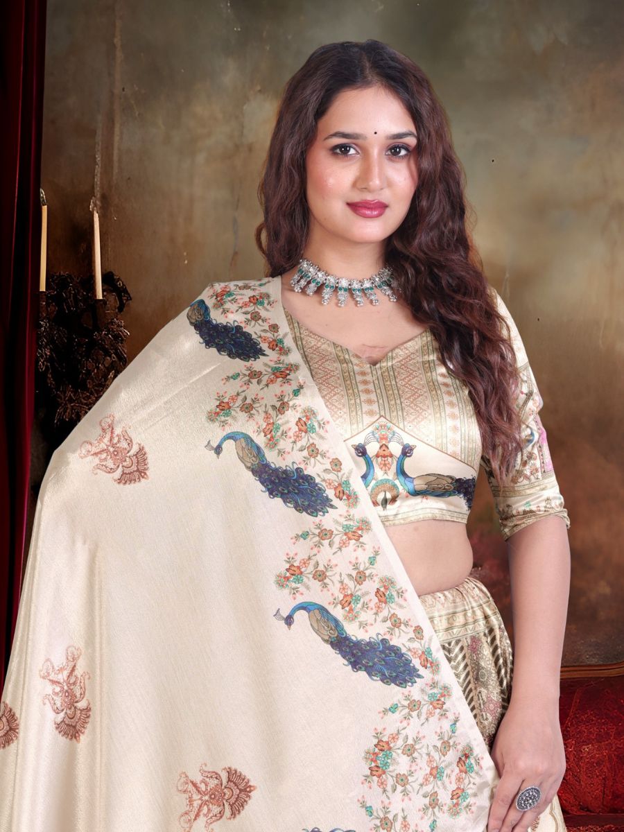Cream Printed Lehenga with Peacock & Temple Motifs