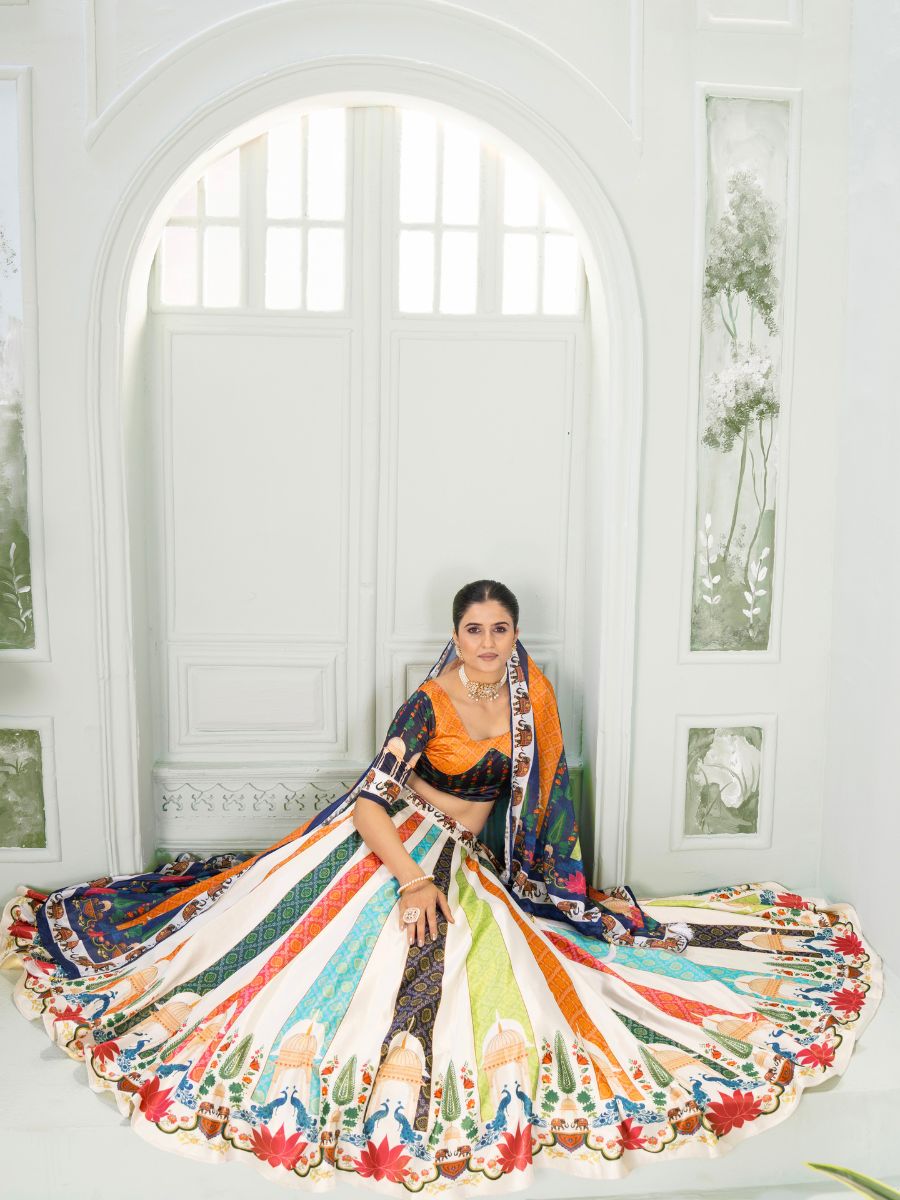 White Multicolor Printed Lehenga Choli with Dupatta