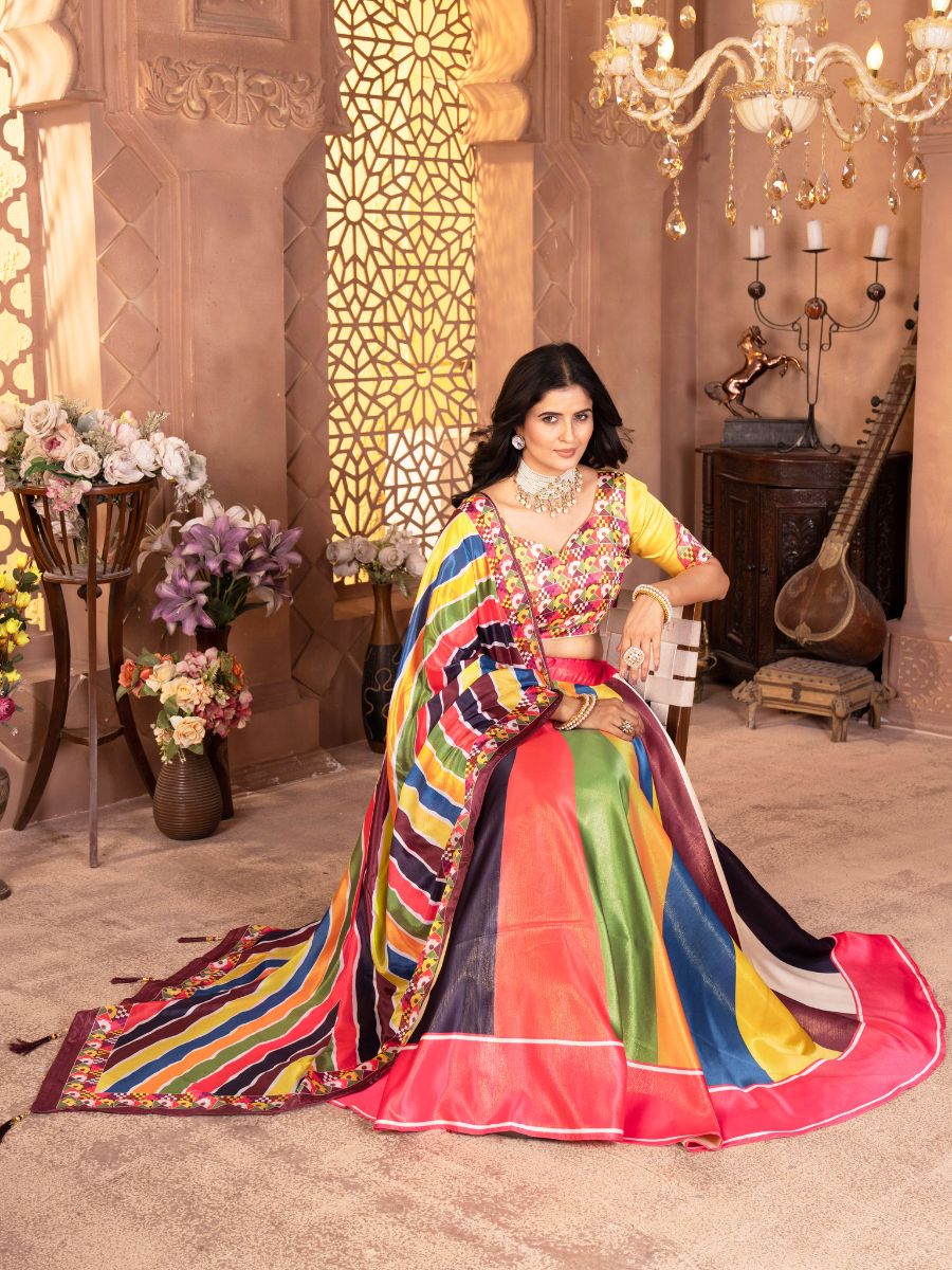 Multicolor Striped Lehenga Choli with Yellow Blouse with gamthi print