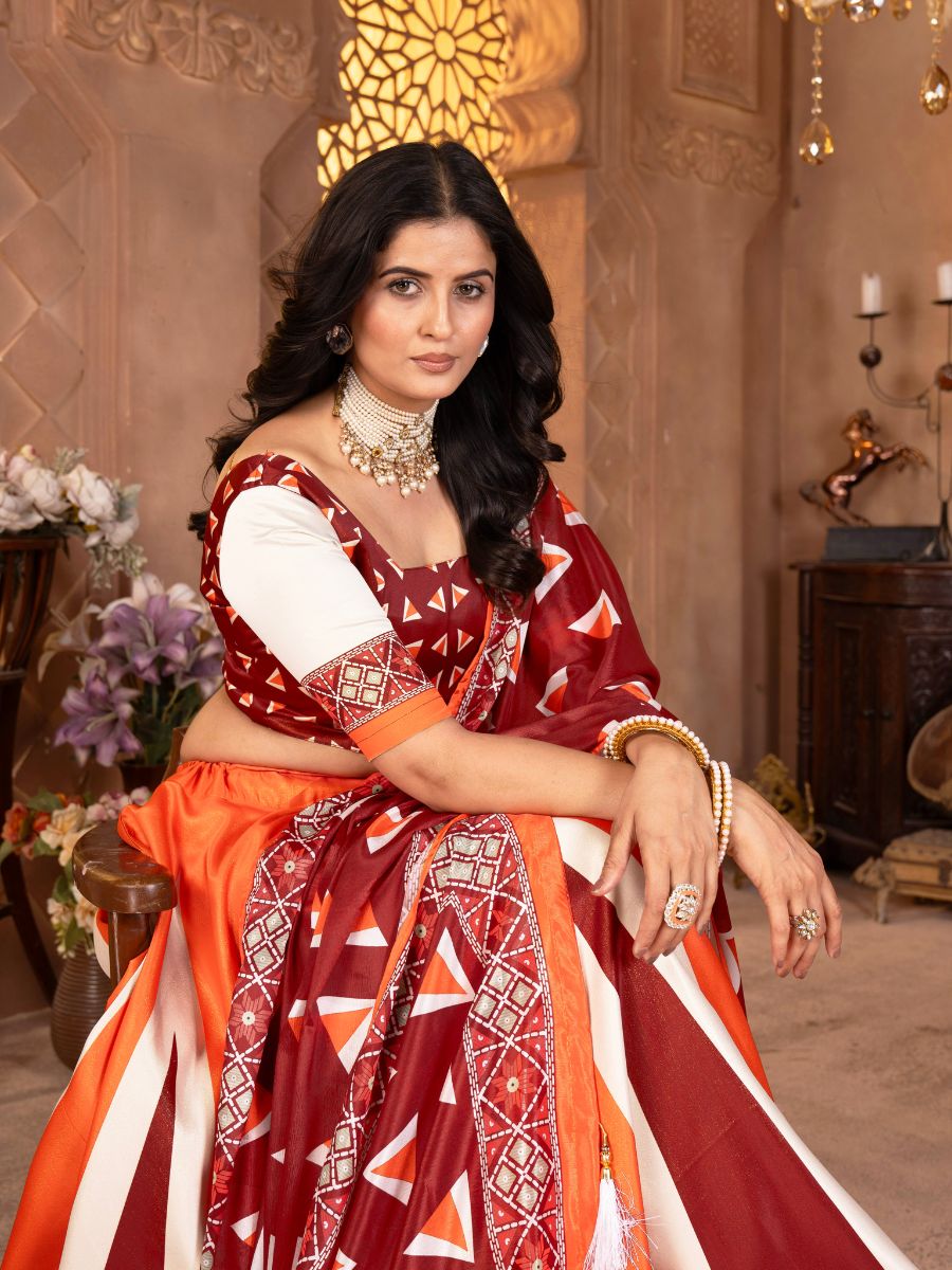 Orange & Maroon Lehenga Choli with Geometric Print Dupatta