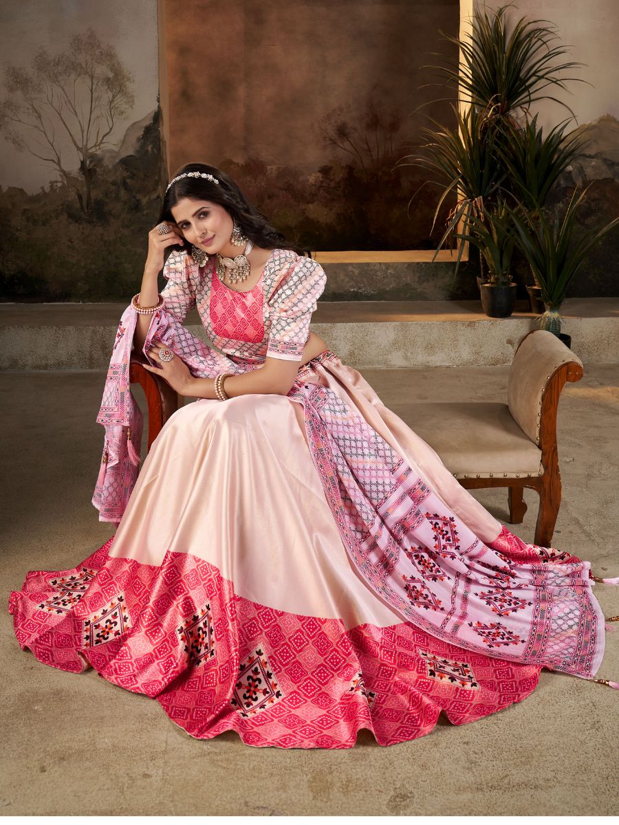 Peach & Red Lehenga with Geometric Print Border