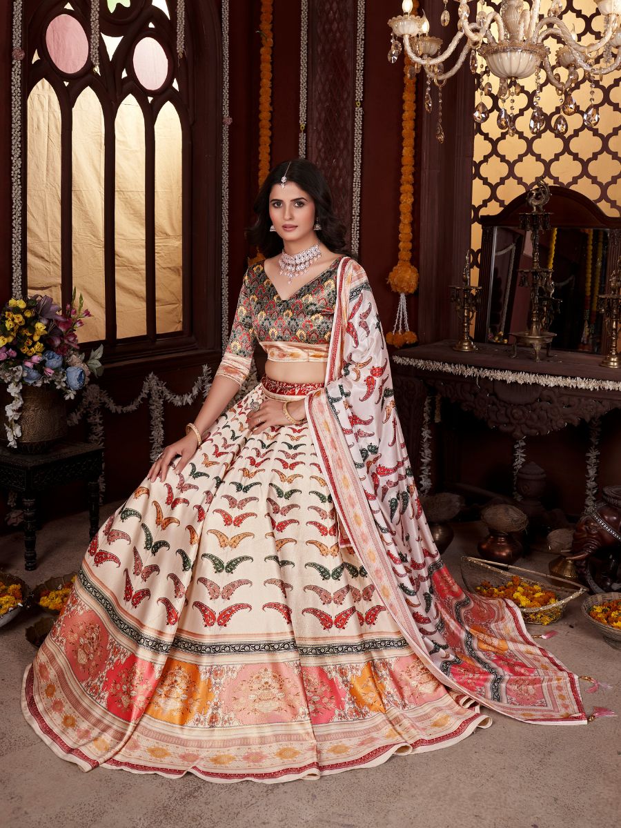 Cream Lehenga with Colorful Butterfly Prints