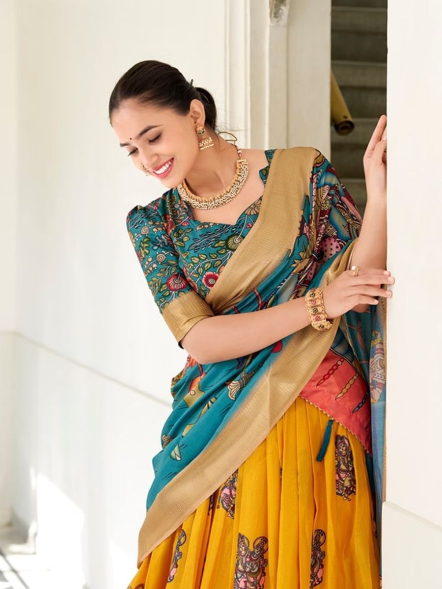 Yellow Handpainted Lehenga with Teal Blouse & Dupatta