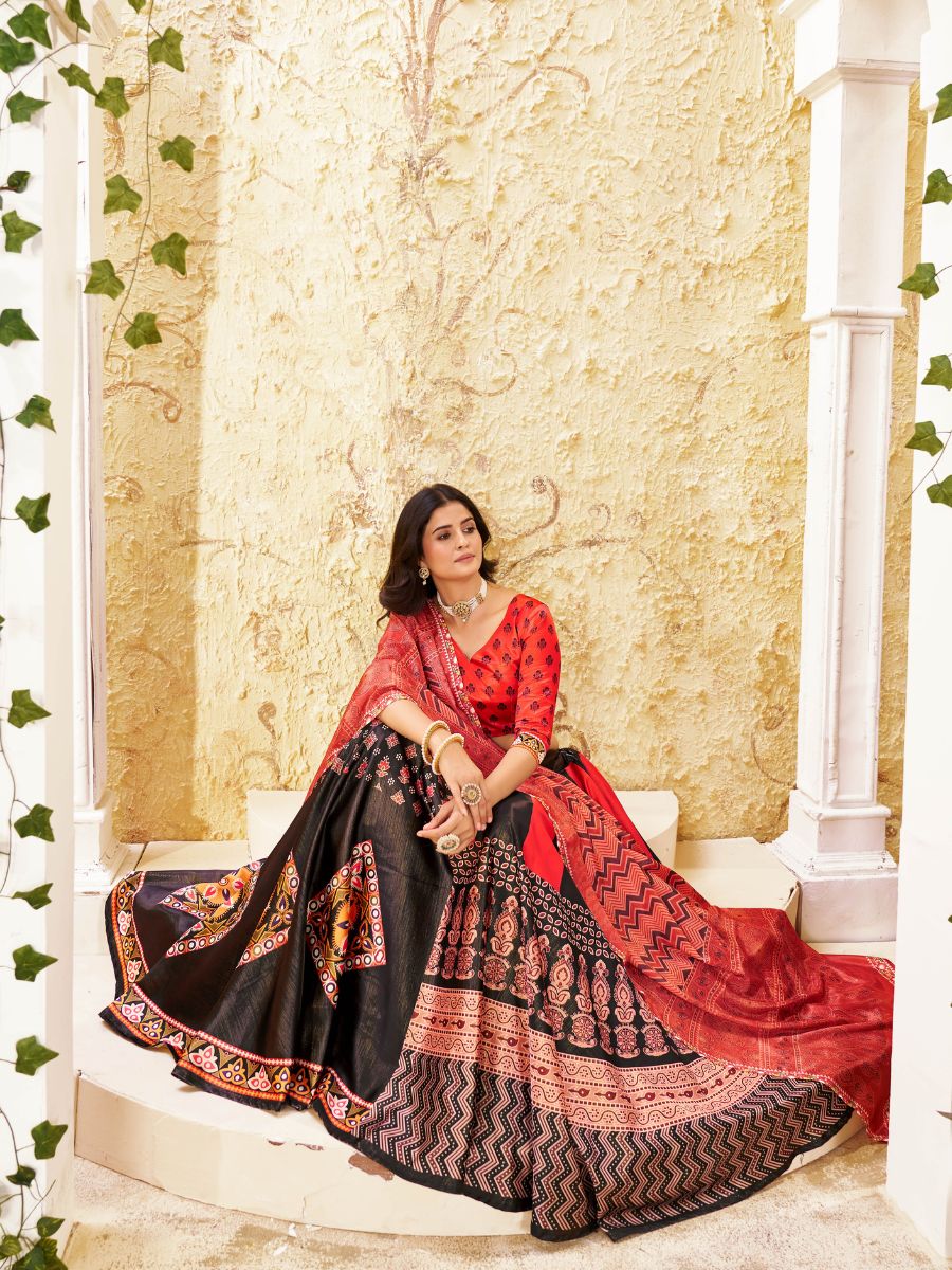 Red & Black Printed Lehenga with Dupatta