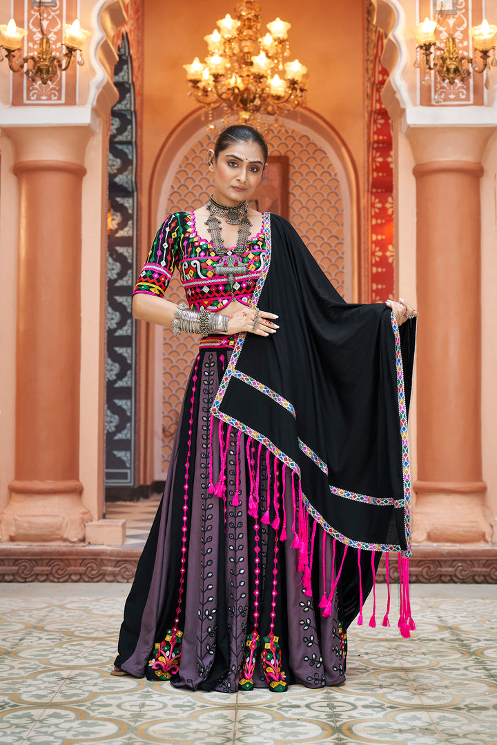 Black Embroidered Lehenga Choli with Colorful Mirror Work Dupatta