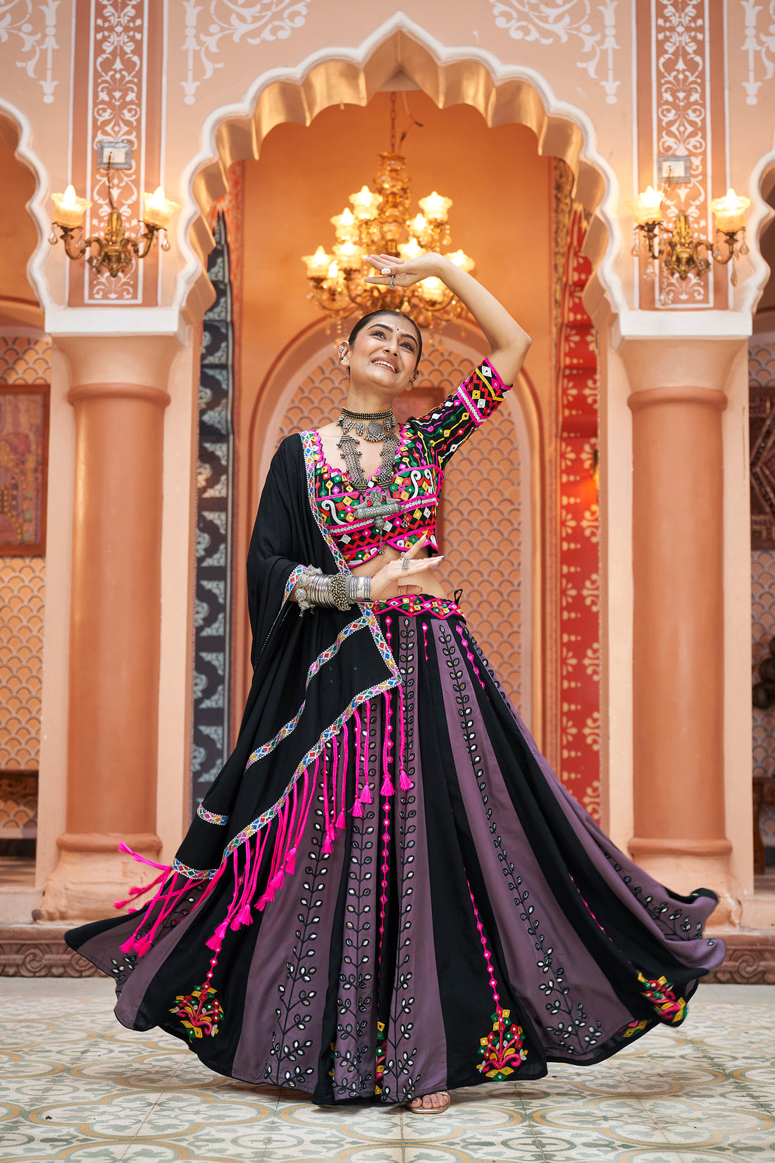 Black Embroidered Lehenga Choli with Colorful Mirror Work Dupatta