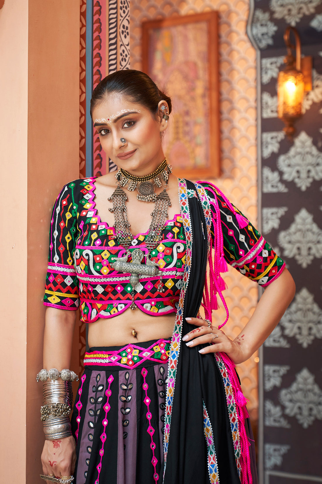 Black Embroidered Lehenga Choli with Colorful Mirror Work Dupatta