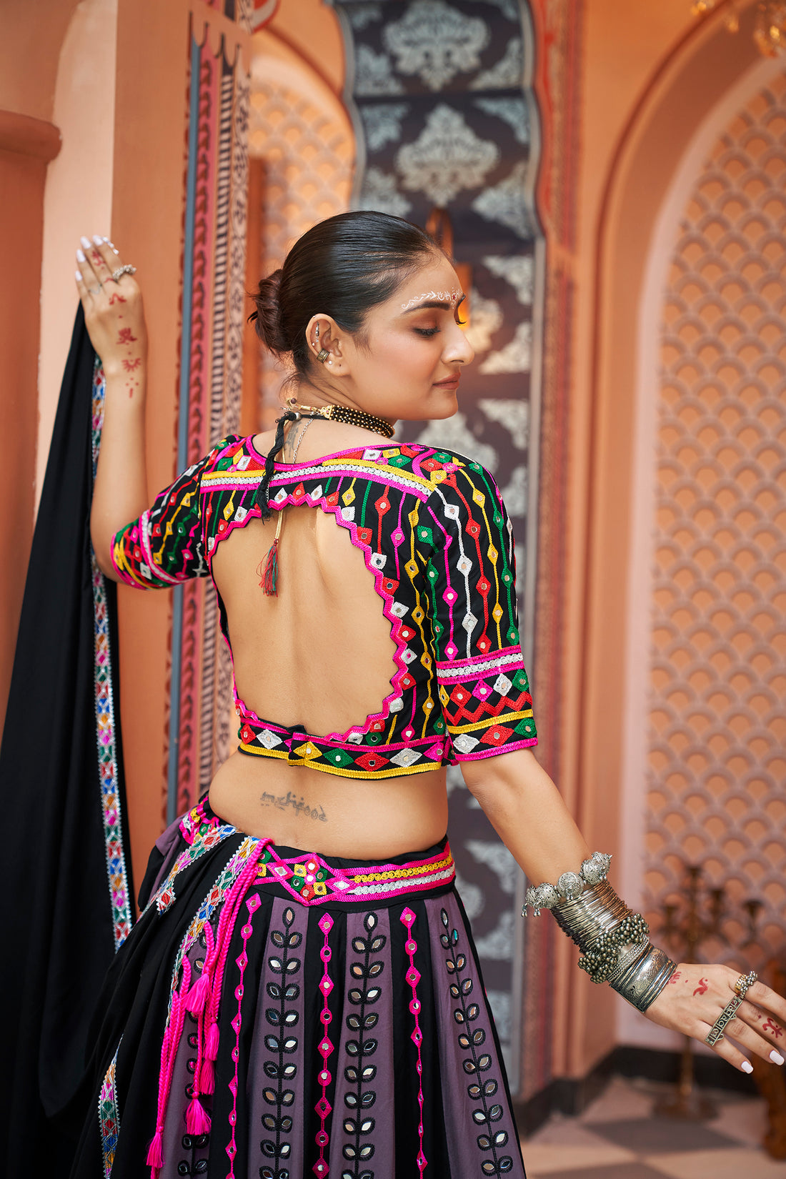 Black Embroidered Lehenga Choli with Colorful Mirror Work Dupatta