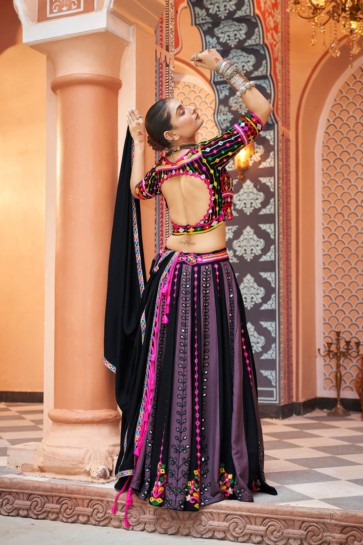 Black Embroidered Lehenga Choli with Colorful Mirror Work Dupatta