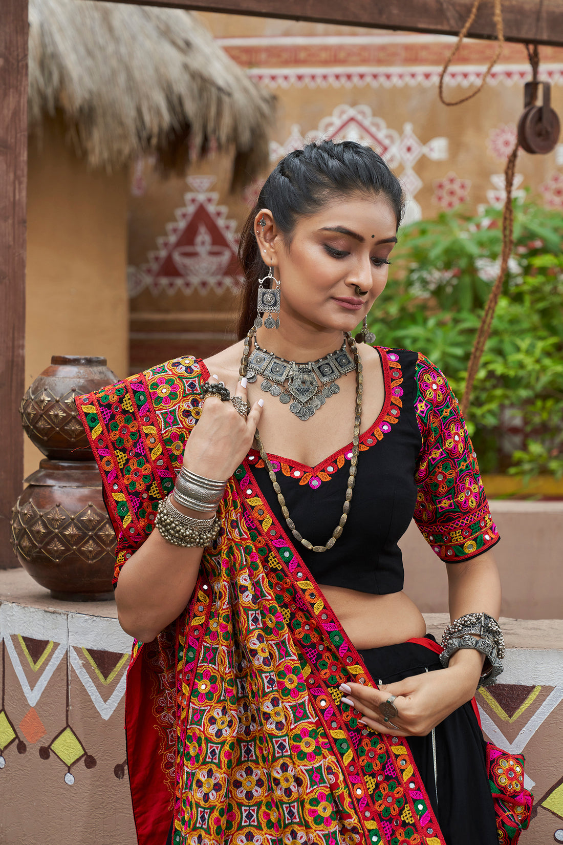 Black Lehenga Choli with Multicolor Mirror Work Dupatta