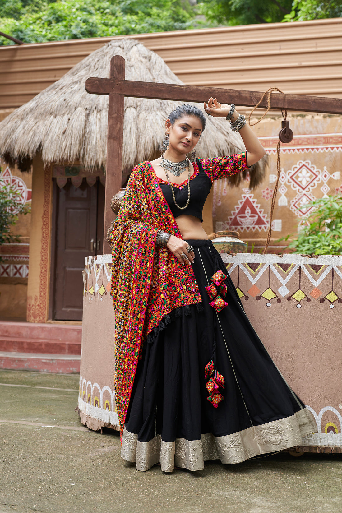 Black Lehenga Choli with Multicolor Mirror Work Dupatta