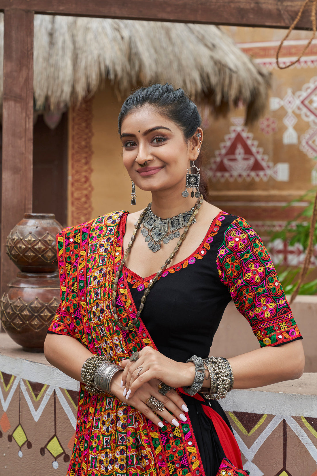 Black Lehenga Choli with Multicolor Mirror Work Dupatta