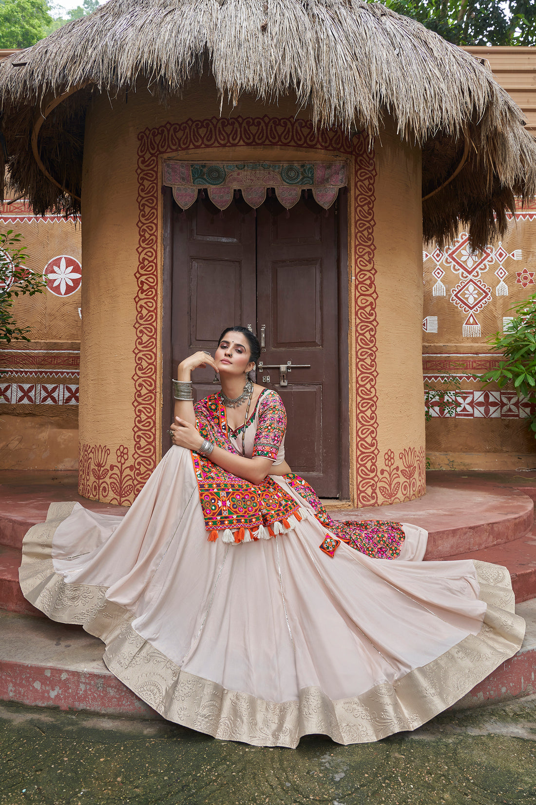 Multicolor Panelled Lehenga with White Embroidered Jacket