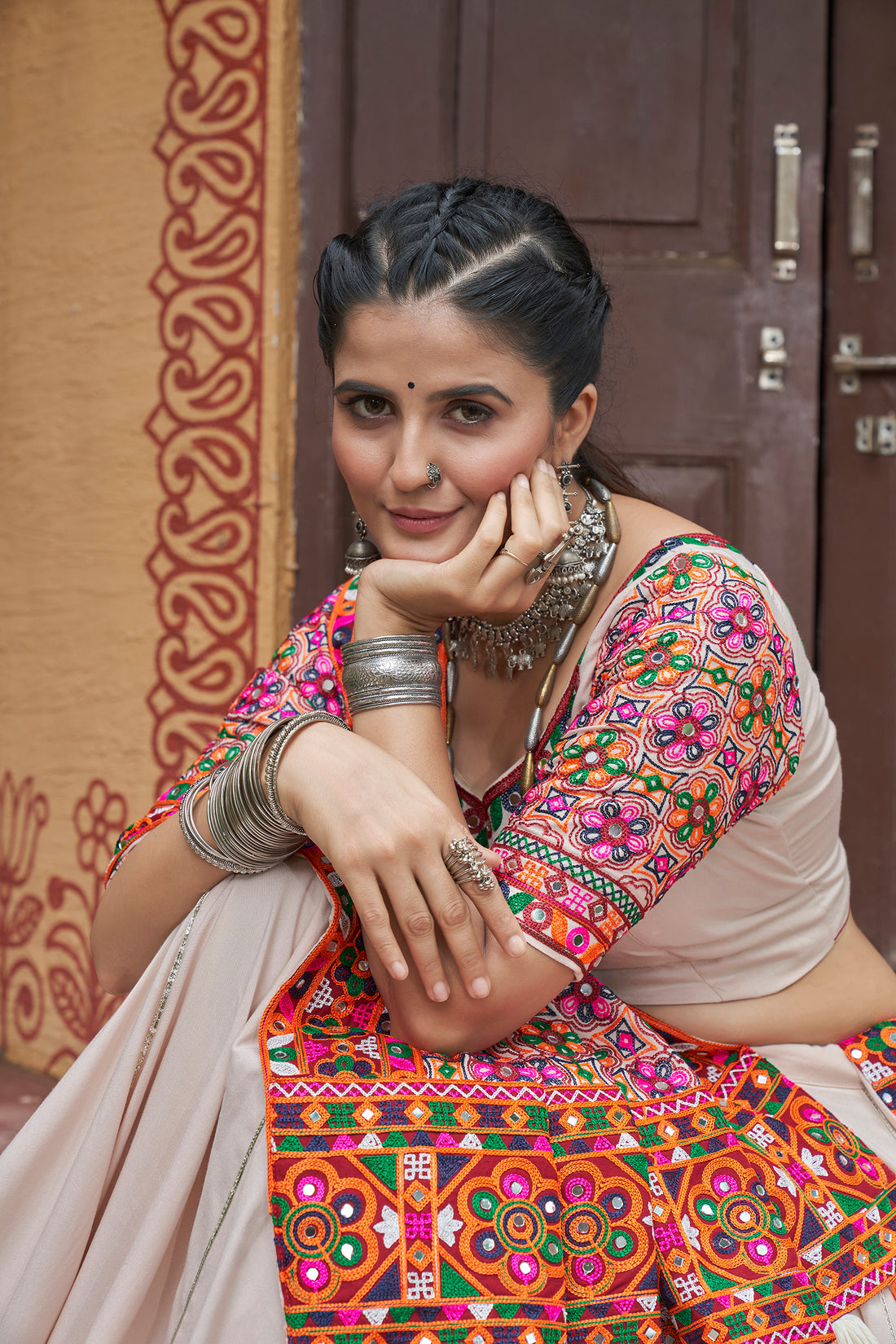 Multicolor Panelled Lehenga with White Embroidered Jacket
