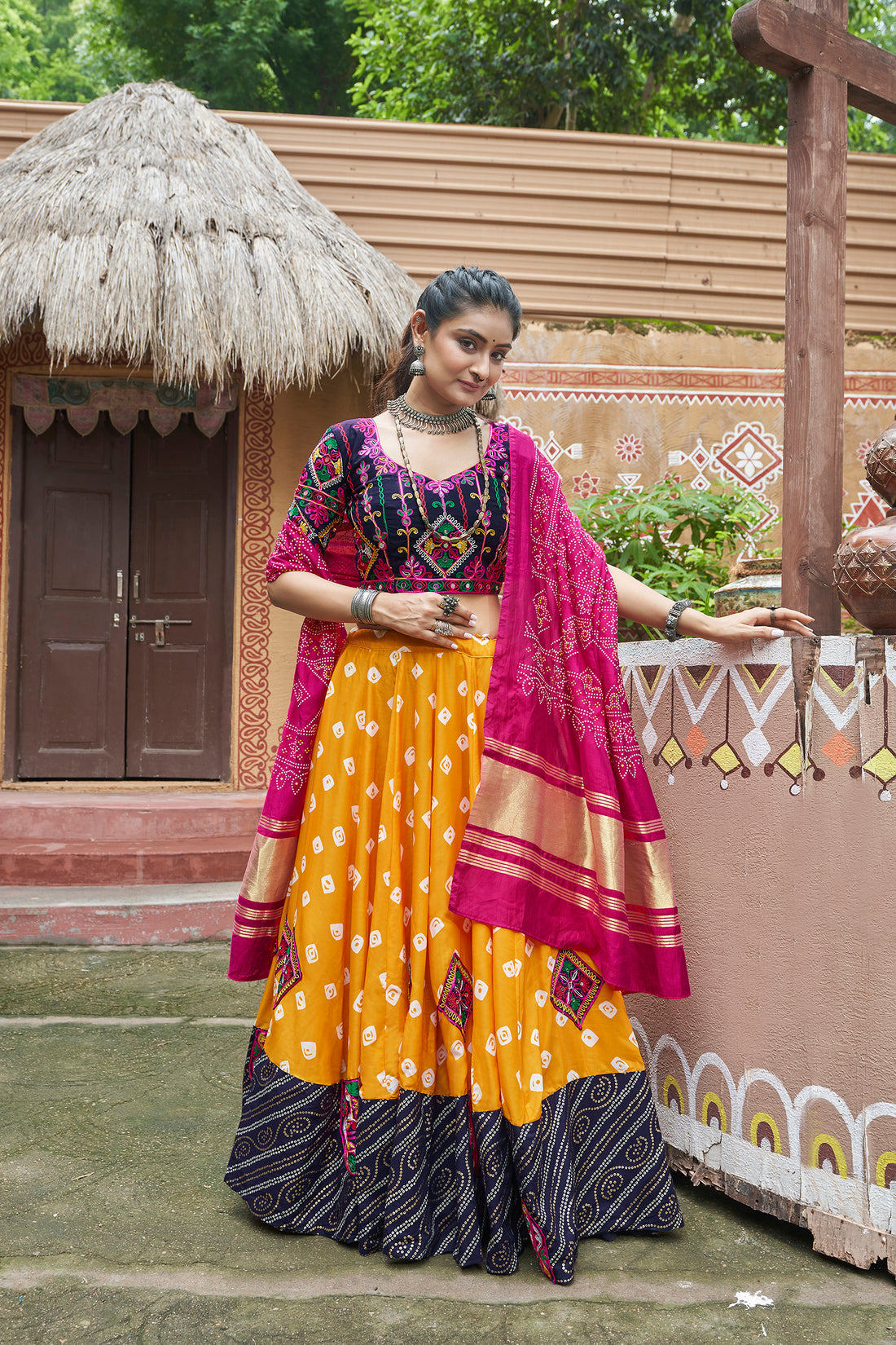 Yellow & Navy Blue Bandhani Lehenga Choli with Pink Dupatta – Navratri & Festive Wear