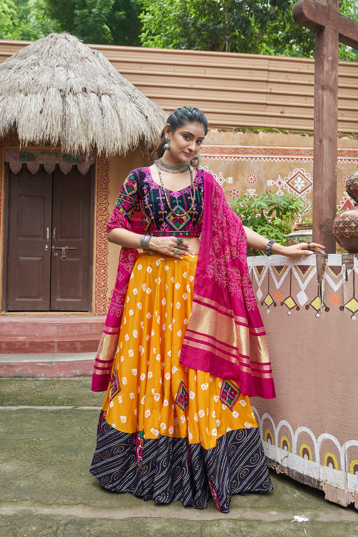 Yellow & Navy Blue Bandhani Lehenga Choli with Pink Dupatta – Navratri & Festive Wear
