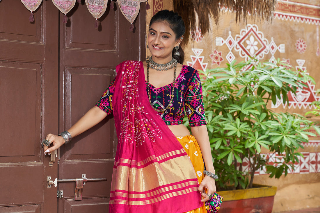 Yellow & Navy Blue Bandhani Lehenga Choli with Pink Dupatta – Navratri & Festive Wear