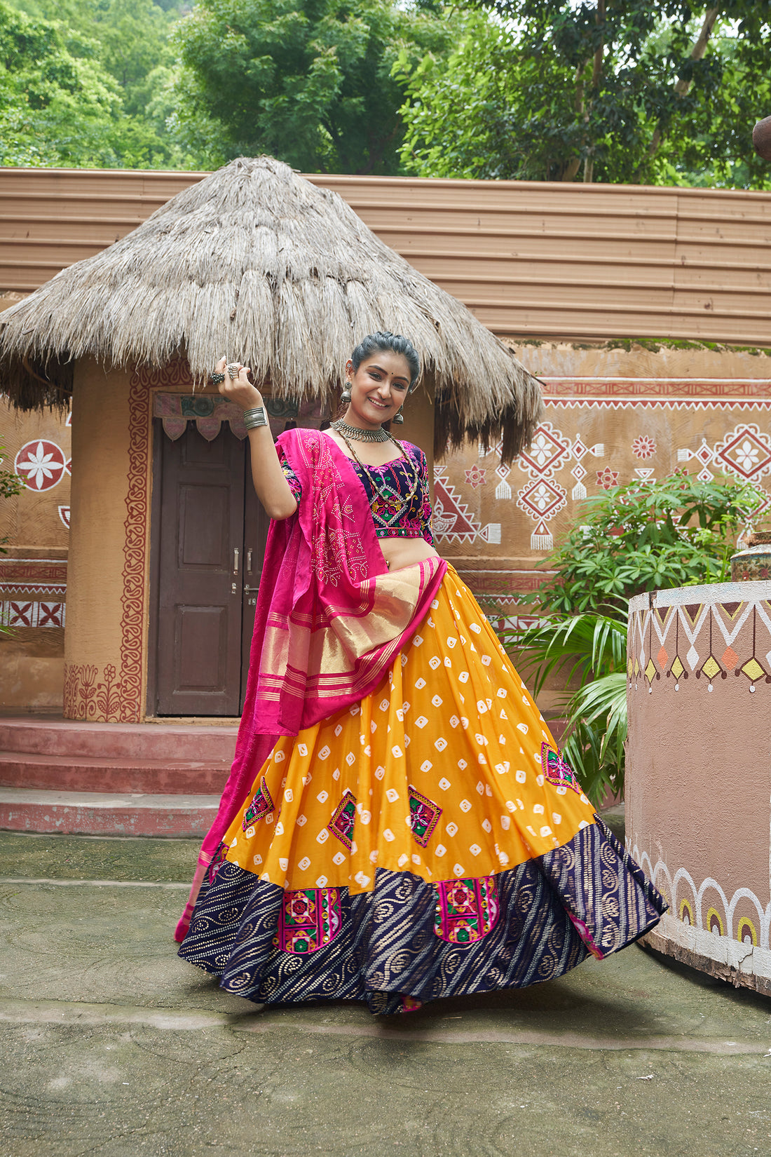 Yellow & Navy Blue Bandhani Lehenga Choli with Pink Dupatta – Navratri & Festive Wear