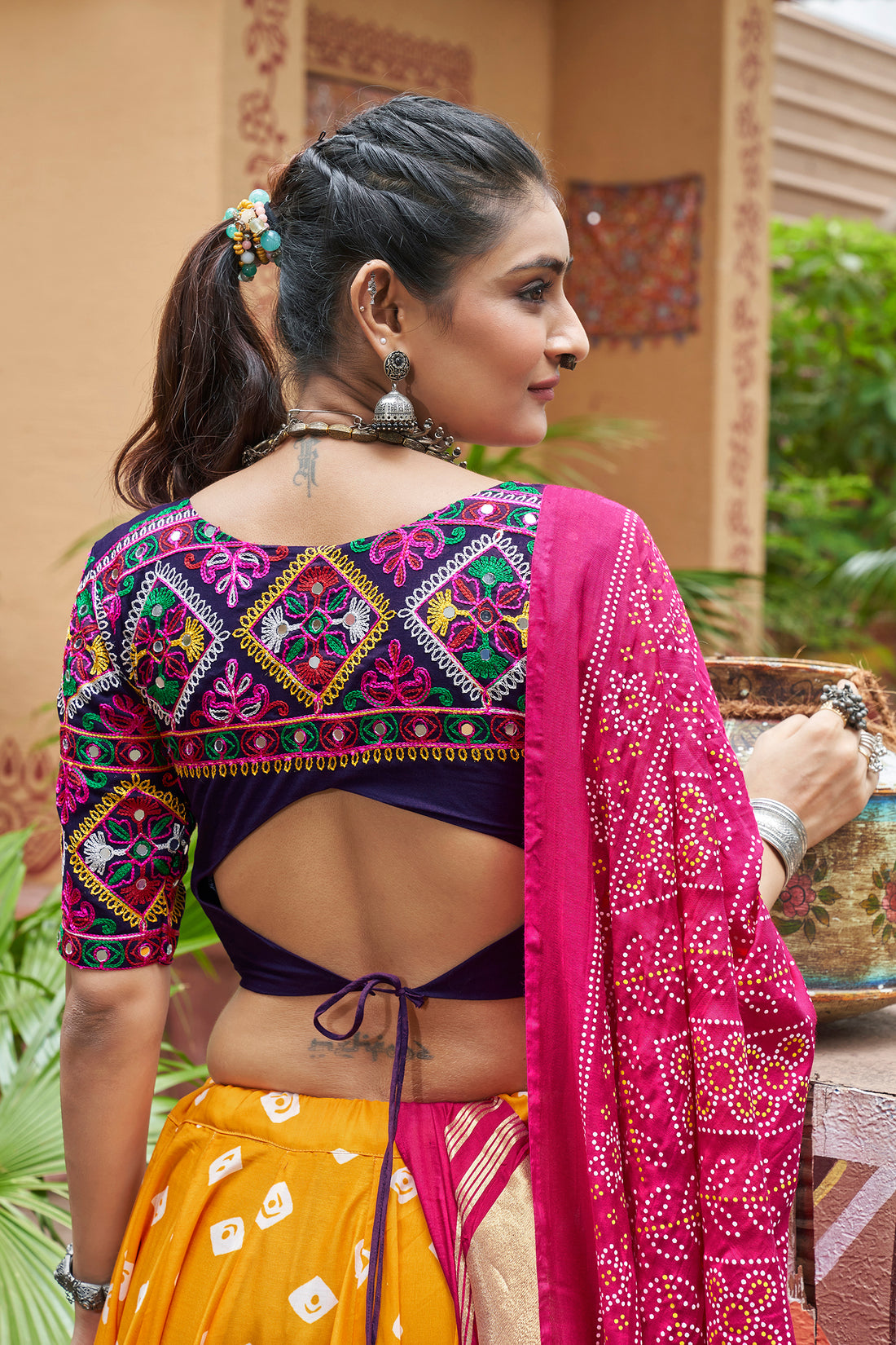 Yellow & Navy Blue Bandhani Lehenga Choli with Pink Dupatta – Navratri & Festive Wear