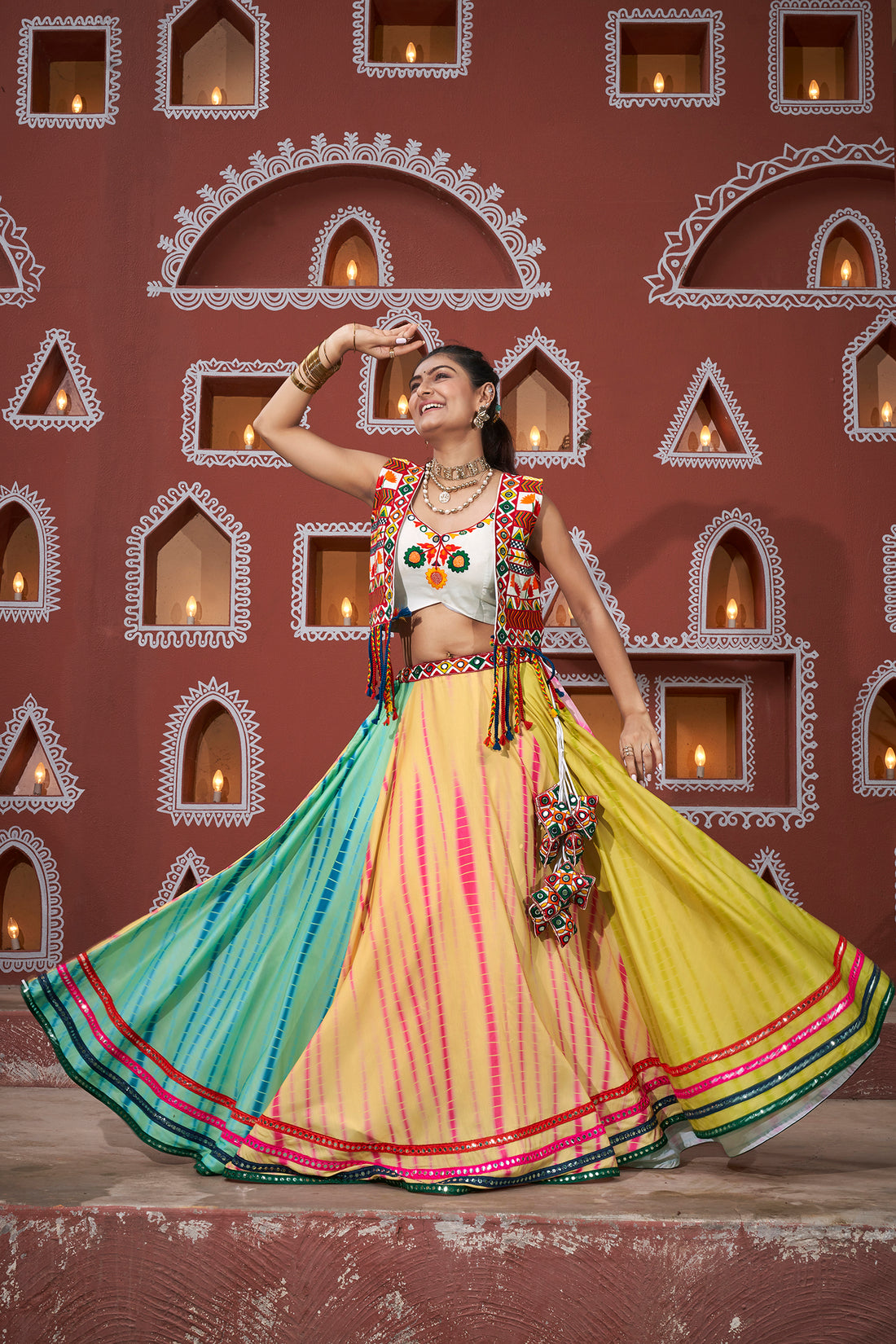 Pastel Multicolor Tie-Dye Lehenga Choli with Embroidered Jacket – Navratri & Festive Wear