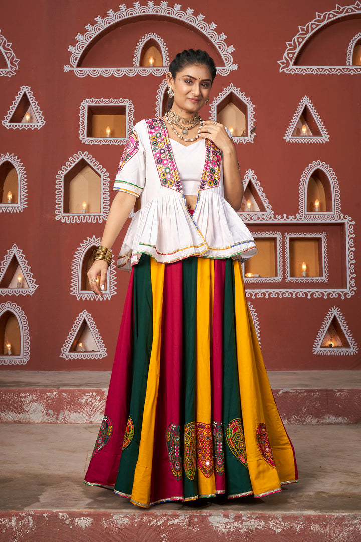 Multicolor Panelled Lehenga with White Embroidered Jacket & Blouse – Navratri & Festive Wear